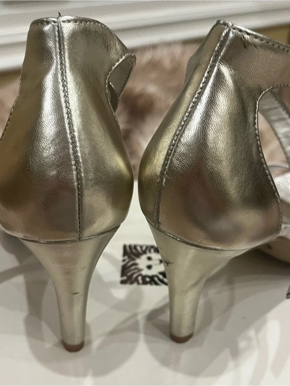 Anne Klein White and Silver Ankle-Strap Open-Toe Heels